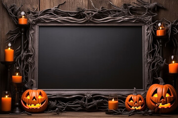 Halloween mockup, shelf with empty frame and holiday decorations. Black frame with pumpkin decor and candles, copy space. AI generated
