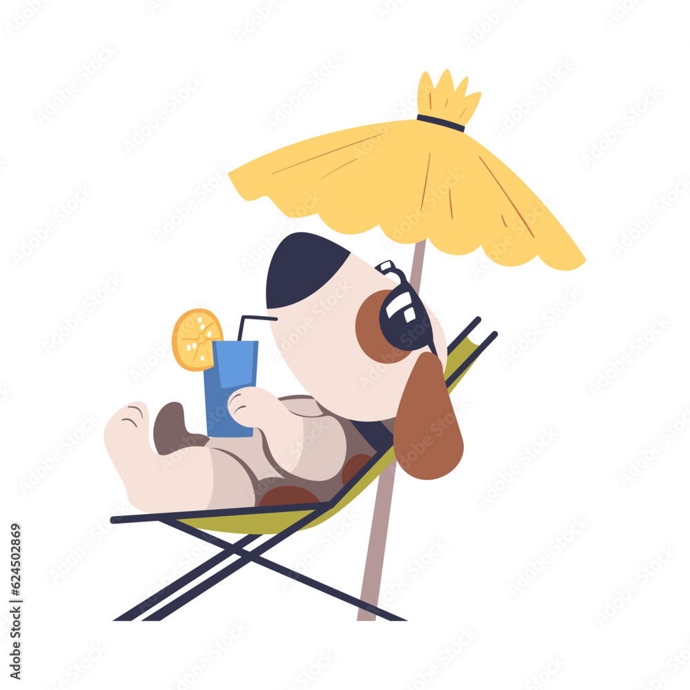 Wall mural Cute Dog Pet Sunbathing Under Straw Umbrella with Refreshing Drink Vector Illustration