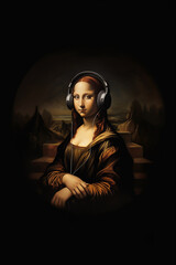 Mona Lisa as a classic icon wears modern headphones. Classic, modern party concept.