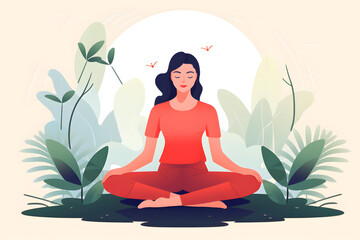 Woman meditating in a serene environment surrounded by plants