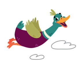 Funny Dabbling Duck Character with Wings Flying Vector Illustration