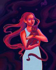 Illustration of a girl holding cat