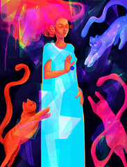 Illustration of a girl playing with cats - 624503844
