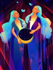 Illustration of a two girls holding creascent moon - 624503880
