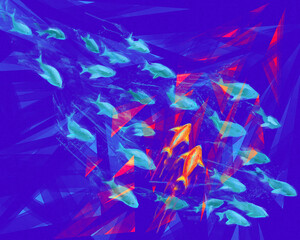 Illustration of fishes swiming agains the current, oil painting