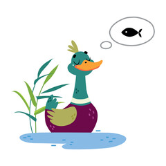 Funny Dabbling Duck Character Swim in Pond Dream of Fish Vector Illustration