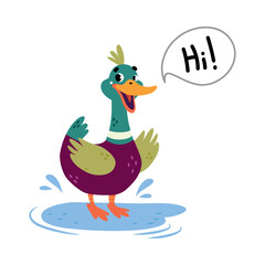 Funny Dabbling Duck Character Greeting Saying Hi Vector Illustration