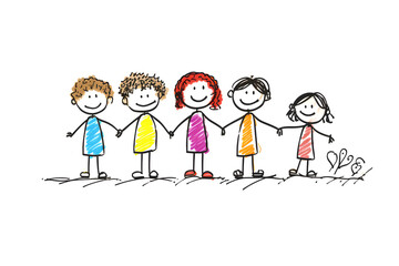 Five hand-drawn children standing together with varied outfits and hair