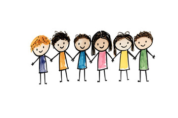 cartoone paint of six children hold hands forming a straight line


