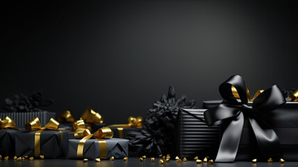 Gift wrapped in black paper with black and gold bows arranged on dark background. Christmas, party, black friday concept
