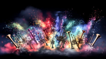 People joyfully celebrate with colorful fireworks and trumpets.