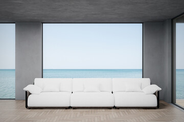 Concrete room with wood floor and sofa. 3d rendering of interior space with sea and sky background.