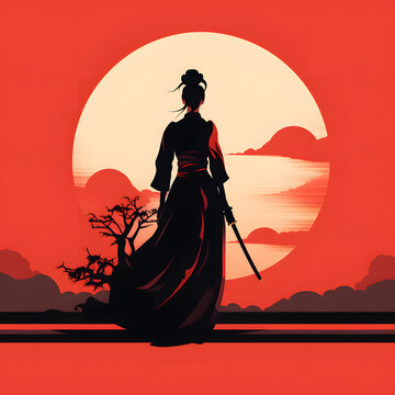 Silhouetted warrior woman stands against a large setting sun backdrop