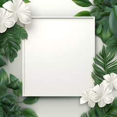 White frame surrounded by tropical leaves and white plumeria flowers on black
