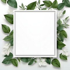A white frame is surrounded by green leaves and white flowers on a black background
