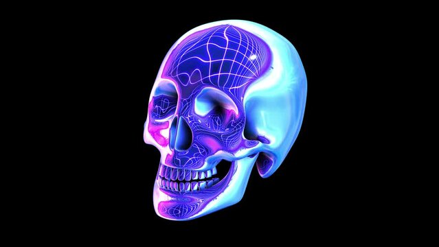 Seamless animation of water skull with deformation and reflections with alpha channel. Cool metallic Halloween background