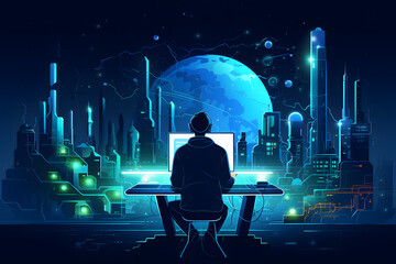 Silhouetted person at desk with futuristic city and large moon backdrop