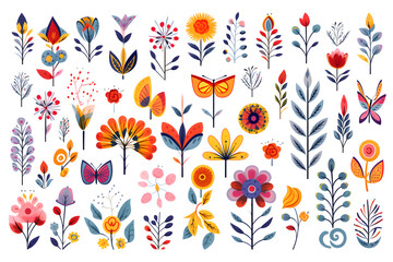 Colorful collection of hand-drawn flowers and butterflies on white background