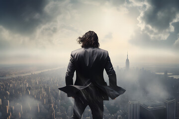 Man stands on ledge overlooking vast misty city with sunlight breaking through