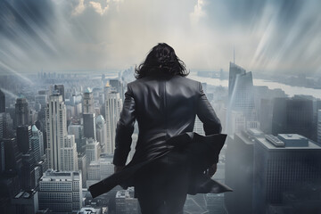 Figure stands overlooking vast cityscape with beams of light piercing the sky
