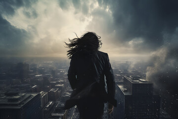 Silhouetted figure overlooks misty city with hair blowing in the wind