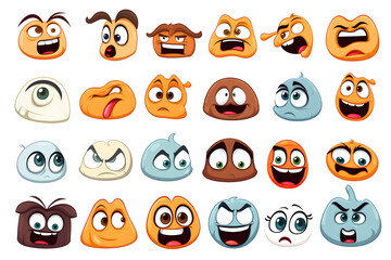 Variety of cartoon faces showcasing different emotions on a clear background