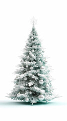 Isolated white christmas tree decorated wit balls and a star on top. Generative AI.