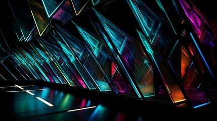 Many geometric shapes that exhibit a shiny, metallic, and neon appearance, with strong contrast, repetition, alignment, and proximity. Generative AI