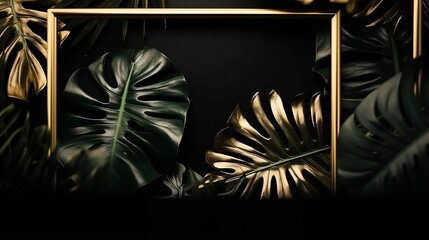 Frame of gold metallic contrast leaves of monstera. Generative AI