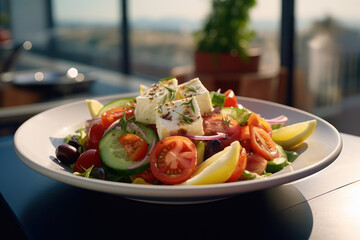 Greek salad in a plate in a cafe. AI generative.