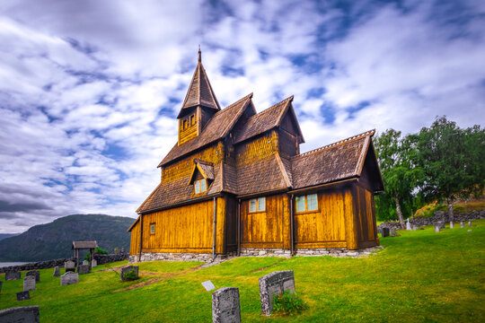 Ornes, Norway - July 4th, 2023: The Urnes stave Church in the village of Ornes. A UNESCO world heritage site