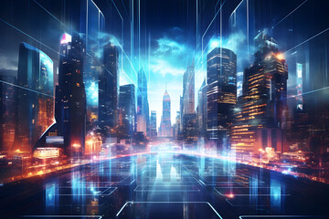 Futuristic city with digital overlays and illuminated pathways