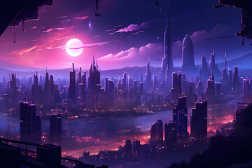 Majestic city beneath a purple sky with a luminous sun and sprawling waterways