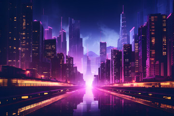 Neon-lit urban scene with towering buildings flanking a central glowing road
