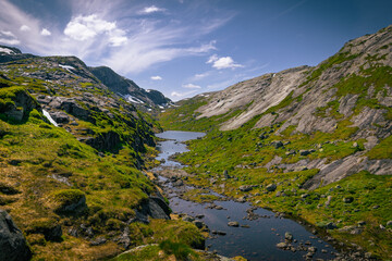 Kjerag, Norway - July 5th, 2023: The epic mountain landscape on the famous Kjerag hike in southern Norway