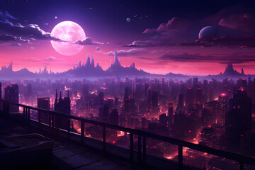 A balcony overlooks a vast city with a large moon and distant mountain peaks