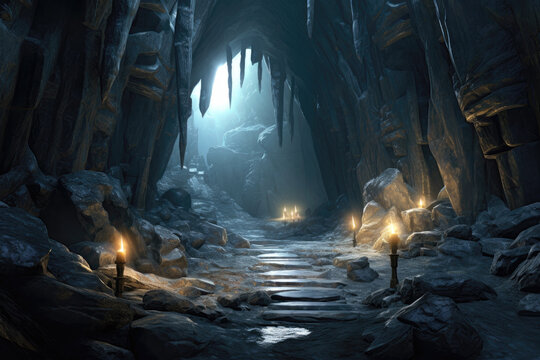 Underground dungeon, fantasy adventure tabletop role play game setting, background, dark and creepy