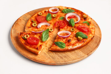 Board with tasty pizza on white background