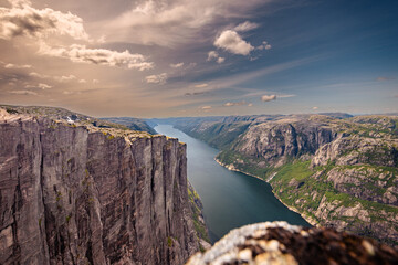 Kjerag, Norway - July 5th, 2023: The epic mountain landscape on the famous Kjerag hike in southern...