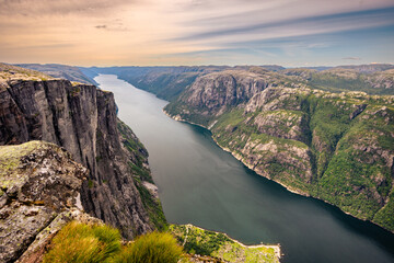 Kjerag, Norway - July 5th, 2023: The epic mountain landscape on the famous Kjerag hike in southern...