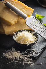 Tasty parmesan cheese. Grated cheese.