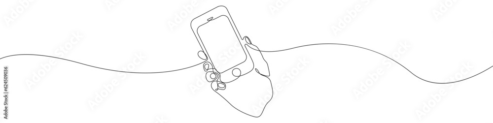 Poster smartphone in hand icon line continuous drawing vector. one line phone in hand icon vector backgroun
