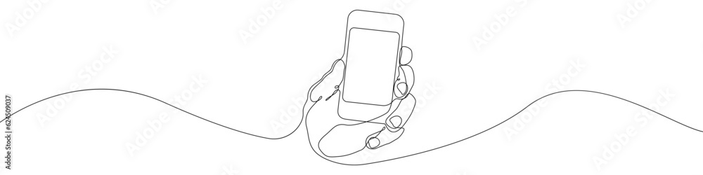 Poster smartphone in hand icon line continuous drawing vector. one line phone in hand icon vector backgroun