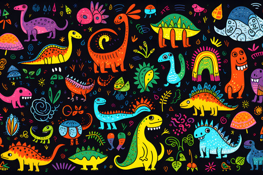 wallpaper with painted colorful funny cartoon dinosaurs and monsters on a black background
