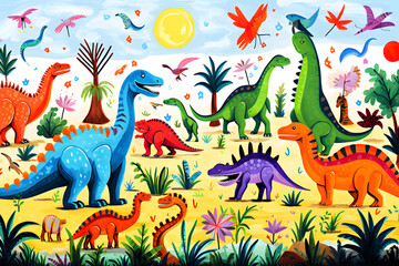 Vibrant illustration of dinosaurs and tropical foliage