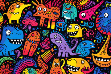 Naklejka premium wallpaper with painted colorful funny cartoon dinosaurs and monsters on a black background