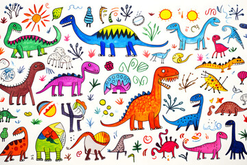 Fototapeta premium Dinosaurs painted by children