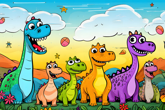 Dinosaurs in a colorful cartoon landscape with a sunny sky