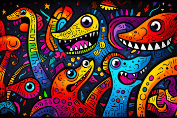 Group of cheerful colorful dinosaurs with decorative patterns
