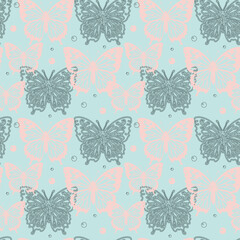 Butterfly sesmless pattern. Pink and black outline butterfly repeat on blue background. Vector illustration.